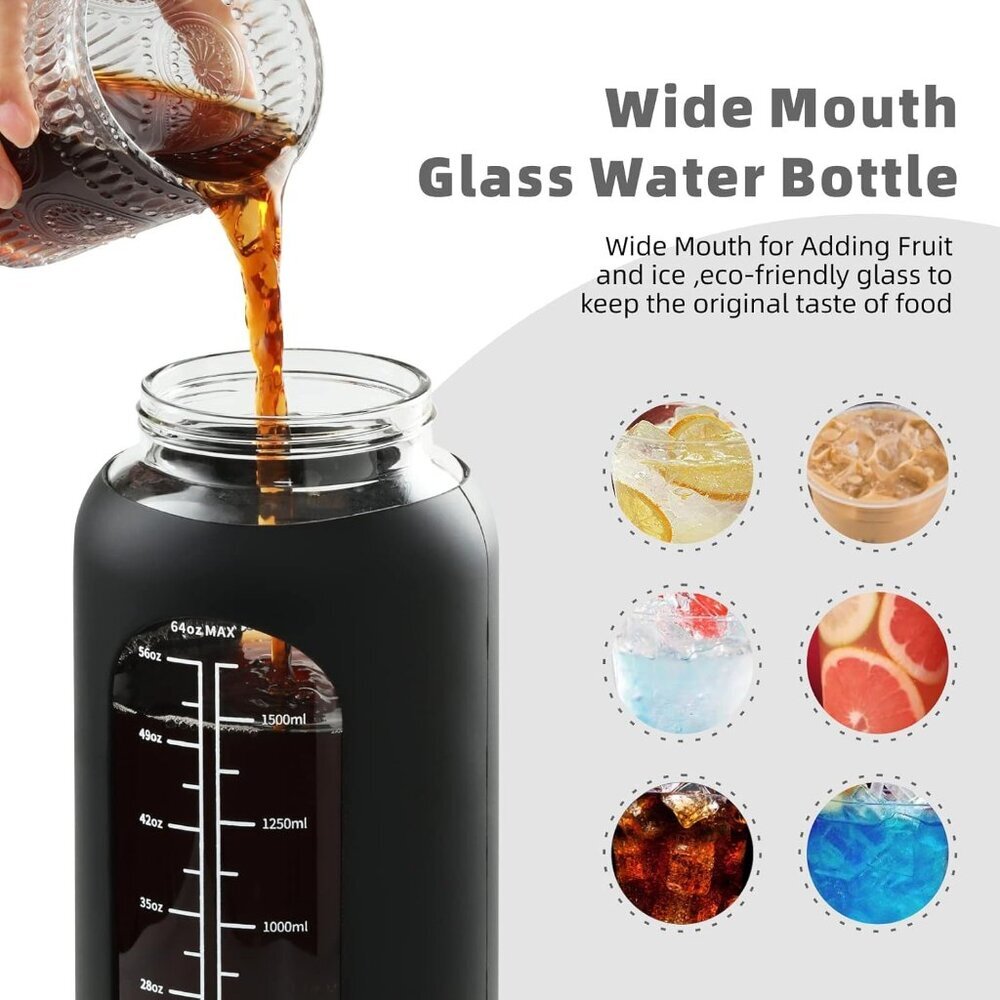 64oz Glass Water Bottle with Straw and Handle Lid Half Gallon Motivational Glass - Picture 4 of 6